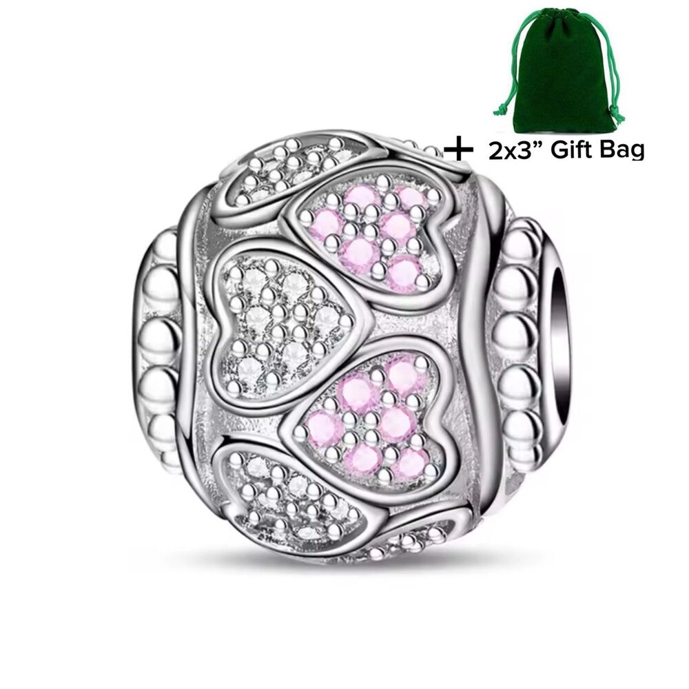 Hearts Crystals Charm Bead | 925 Silver | Brand New